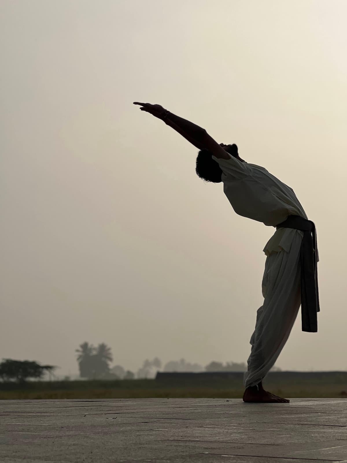 Yoga class with seekers following guided asana under teacher instruction