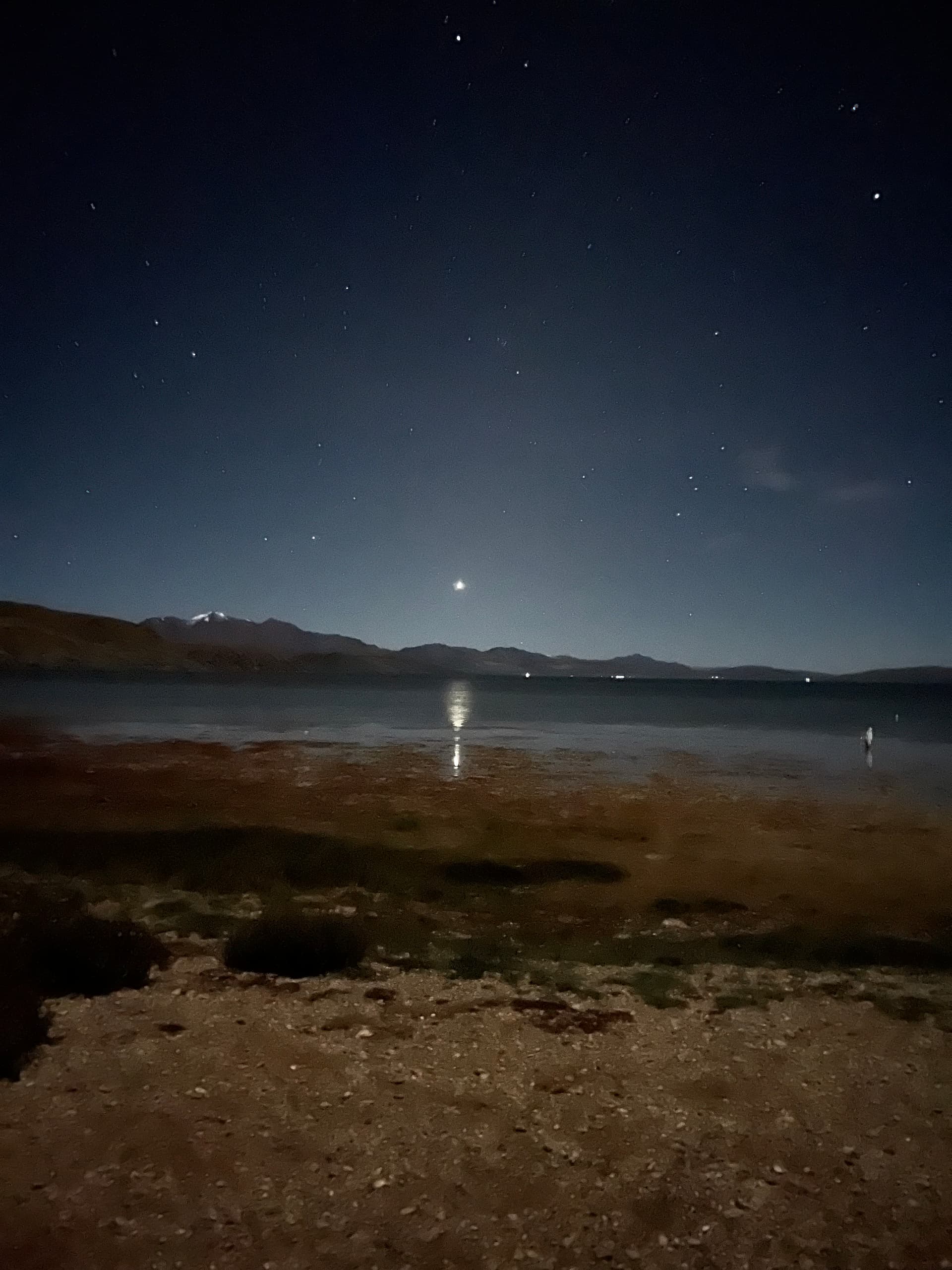 Lake Mansarovar at night with stars, mountains silhouetted, and moonlight reflecting on the water