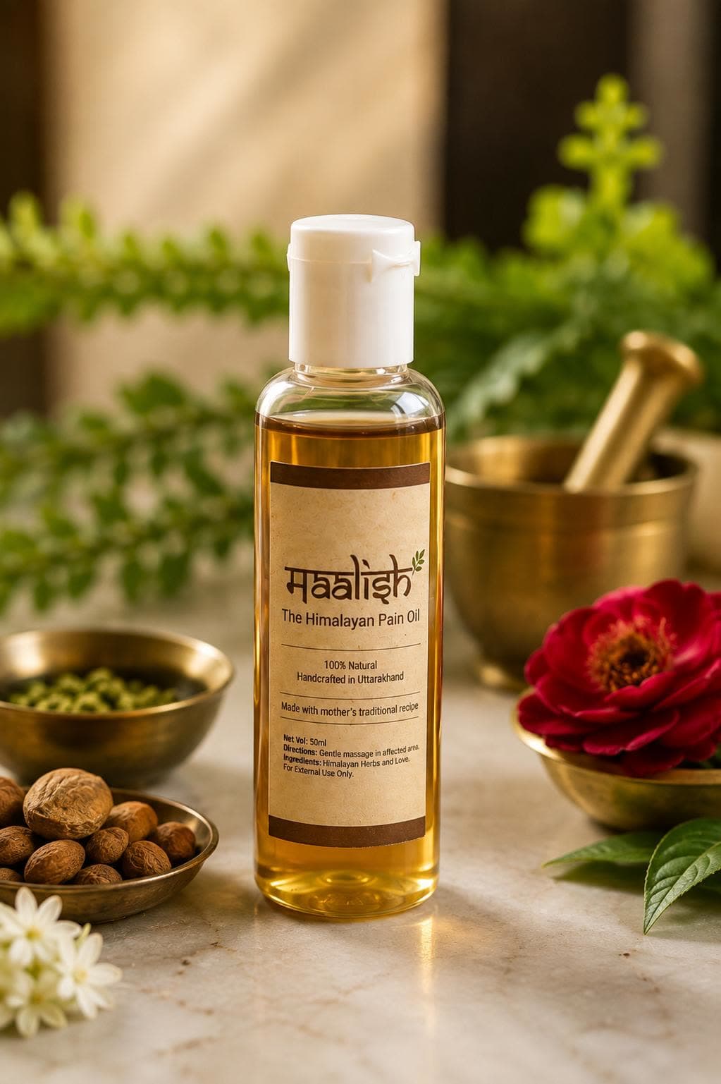A bottle of Maalish oil on a pale stone surface, surrounded by brass bowls of whole herbs and dried nuts, jasmine flowers and a red bloom.