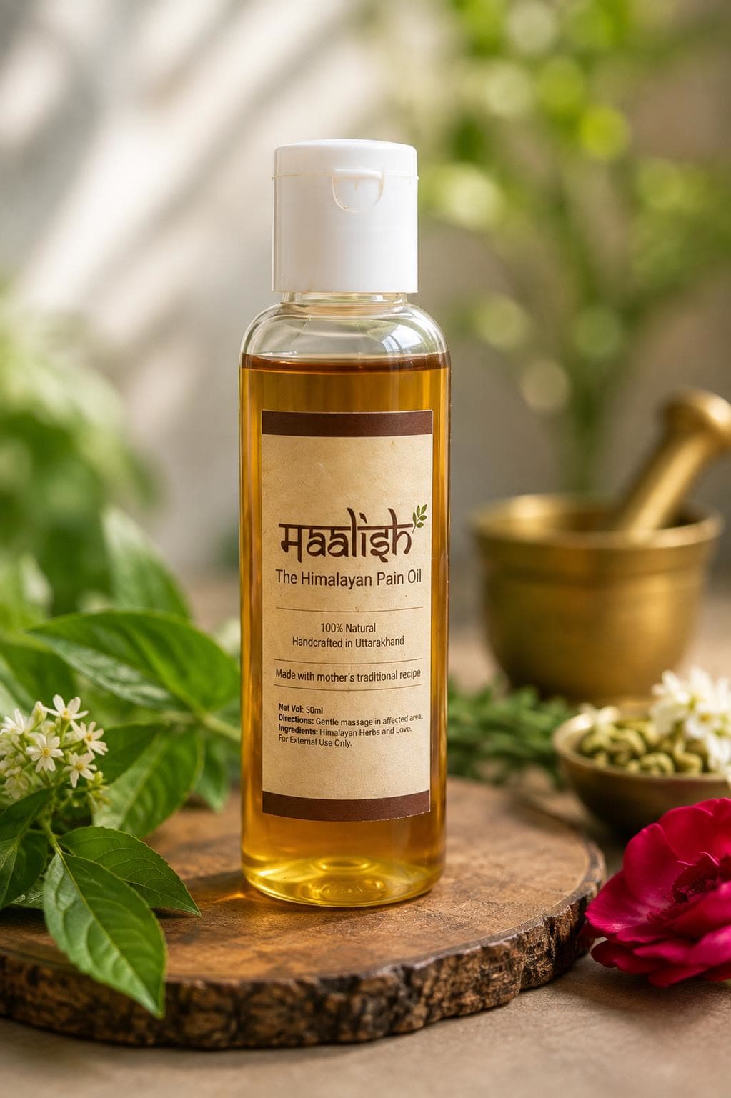 A 50 ml bottle of Maalish herbal oil, golden in clear glass, standing on a wooden slice beside a brass mortar and pestle and fresh green herbs.