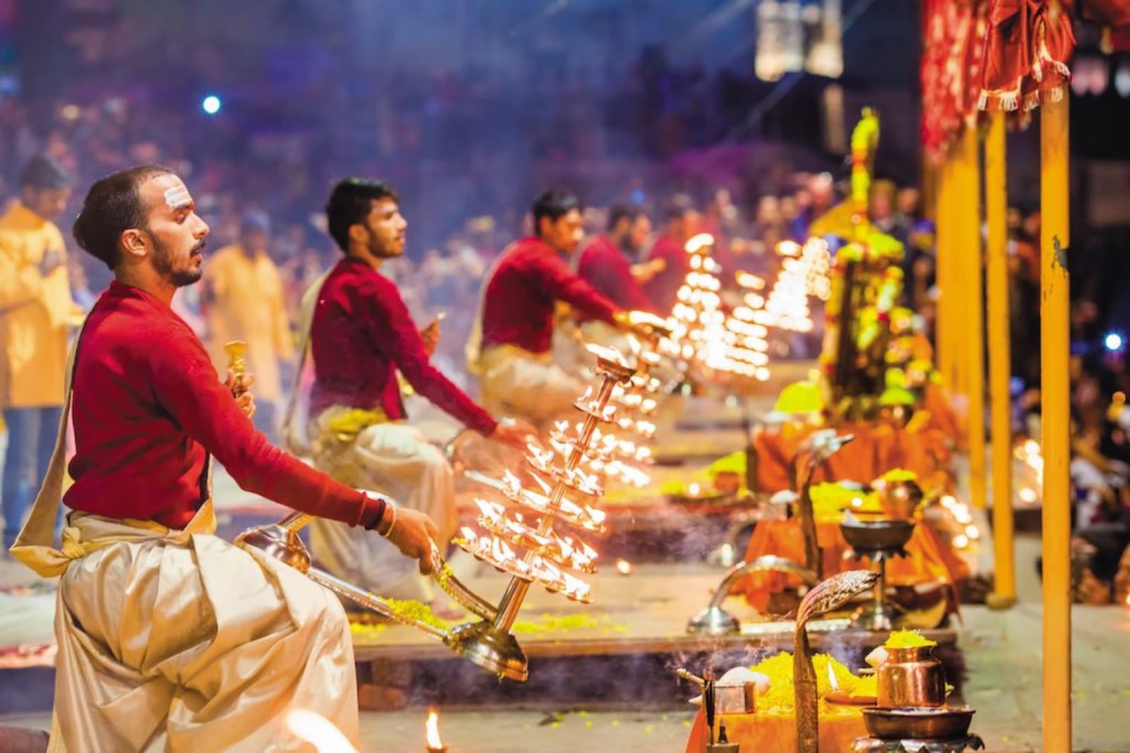 Priests performing the Ganga Aarti at Varanasi.