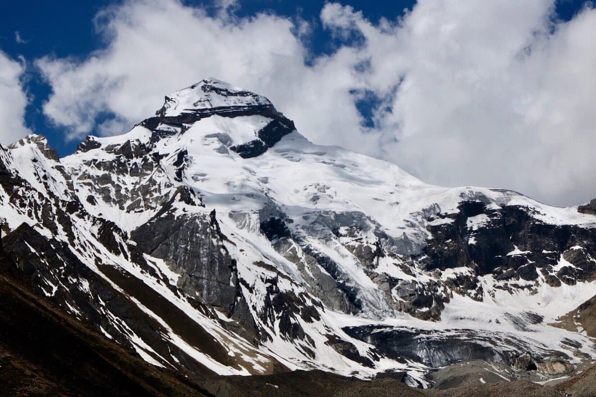 Close view of Adi Kailash snow ridges against blue sky and cloud