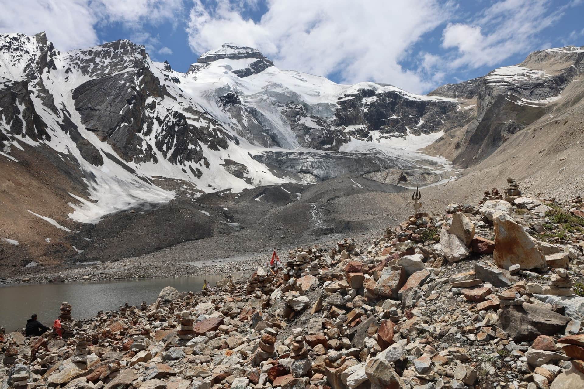 Parvati Kund at the base of Adi Kailash with snow peaks reflected in still water