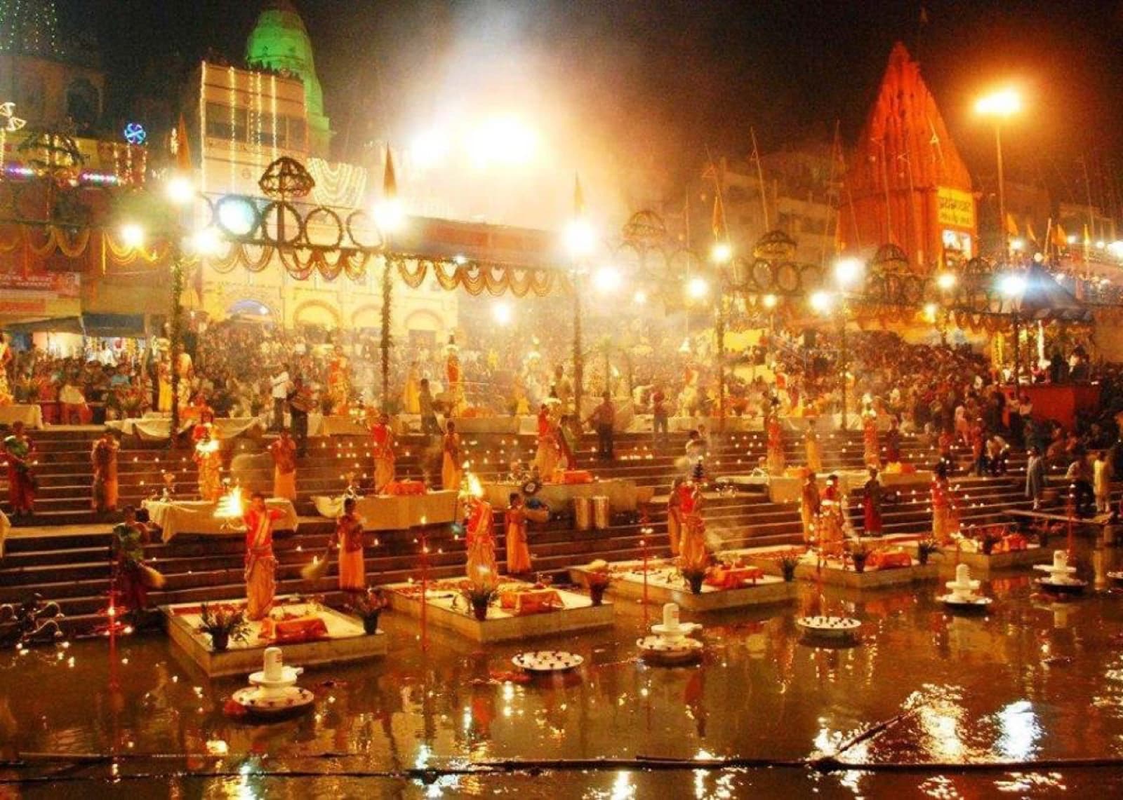 The evening Ganga Aarti along the ghats of Varanasi.